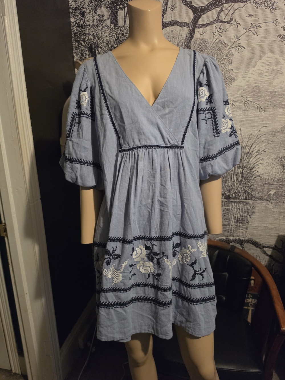 Madewell Embroidered Foldover V-Neck Mini Dress Blue 12
